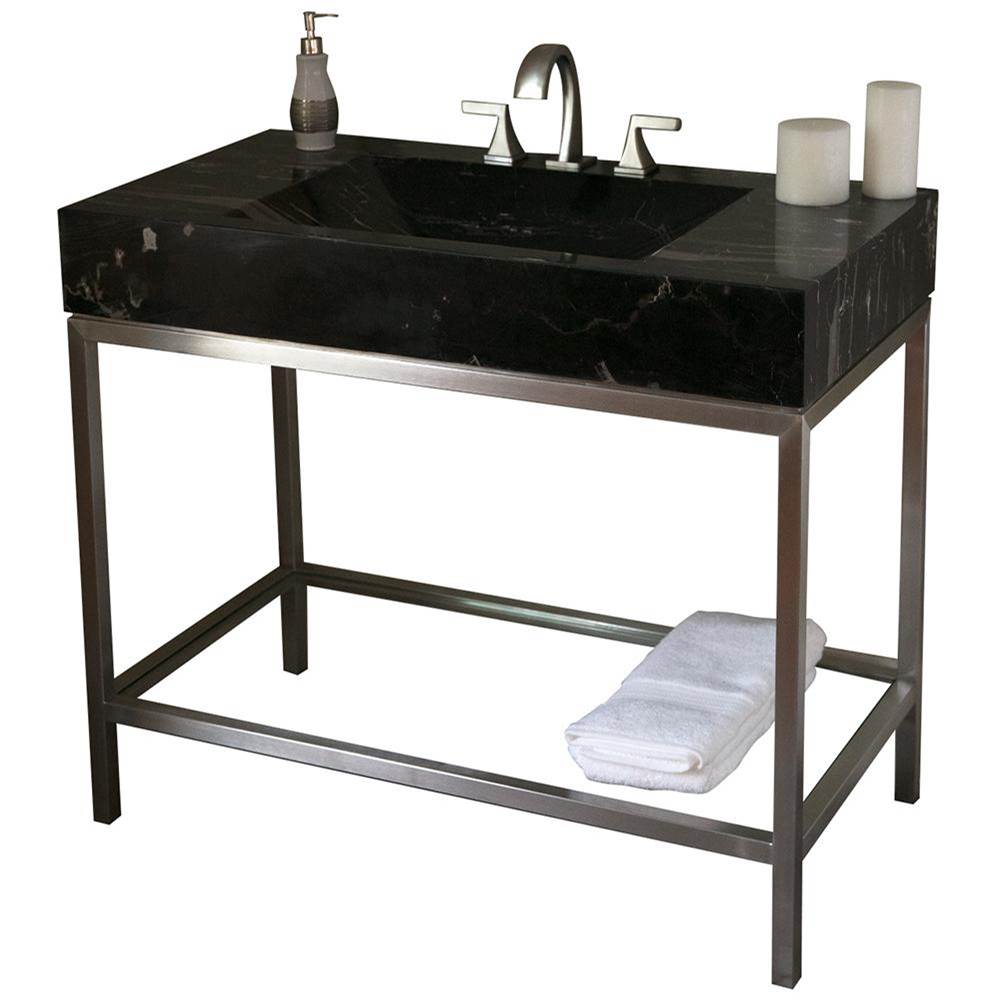 RA Magnus Iron Single Frame Vanity with Glass Shelf - Single Centered Integrated Bowl  (shown in Black Marble and Brushed Nickel Base)