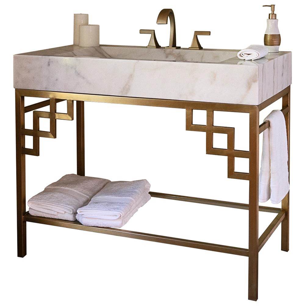 RA Magnus Console - Lattice Frame Vanity with Glass Shelf - 6'' Single Centered Integrated Bowl  (shown in White Carrara Marble and Brass  Base)