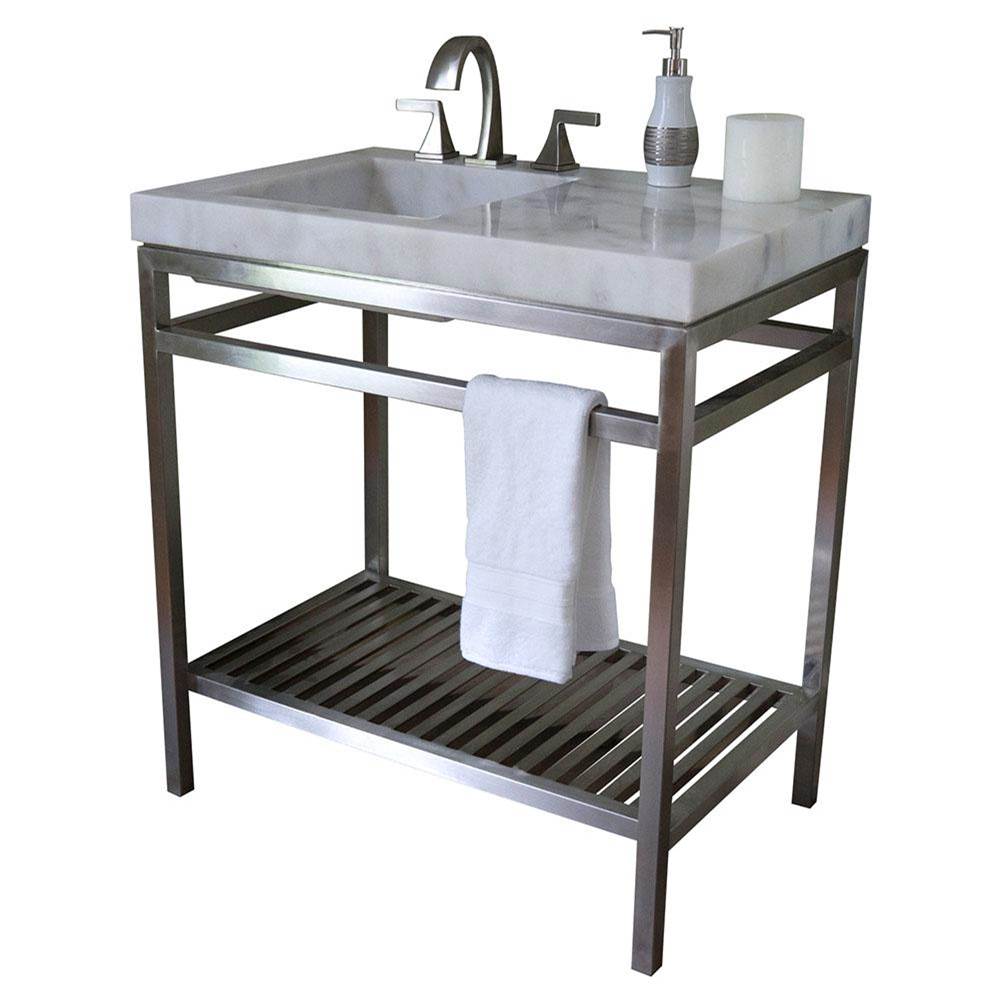 RA Magnus Console 30'' Iron Double Frame Vanity with Grate Shelf and 3'' Off-set Integrated Bowl (shown in White Carrara Marble and Brushed Nickel Base)